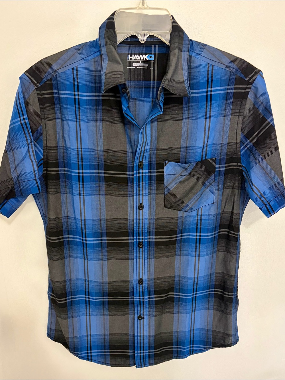 Tony Hawk Men's Blue and Gray Plaid Short-Sleeve Button-Down